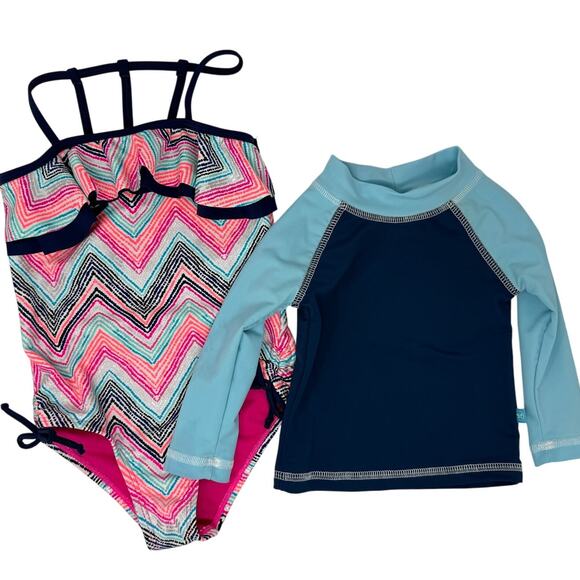 Limited Too Girls 5/6 One Piece Swimsuit & Rash Guard Top Set Pink Blue - Picture 1 of 7